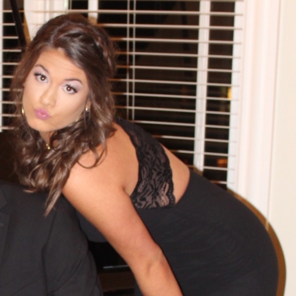 Lulu’s Black V Neck Dress with Lace Back and Slit - Picture 2 of 4